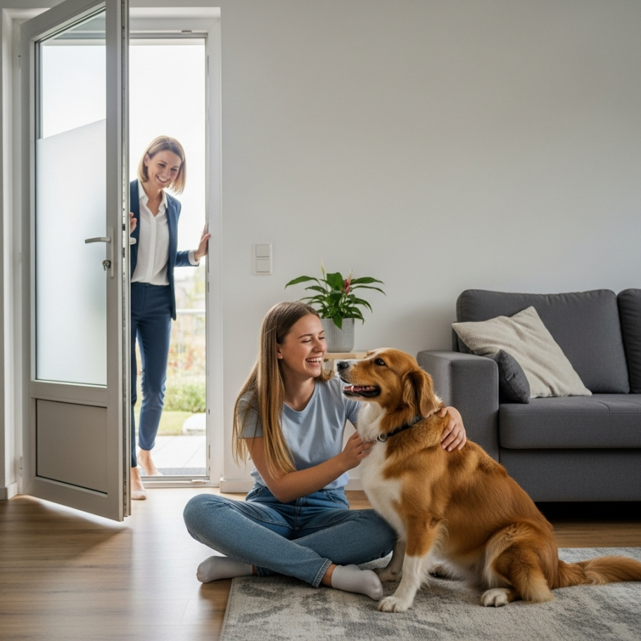 Hundesitterin Eine Frau begrüßt einen Hund, während eine andere Frau im Hintergrund hereinkommt.