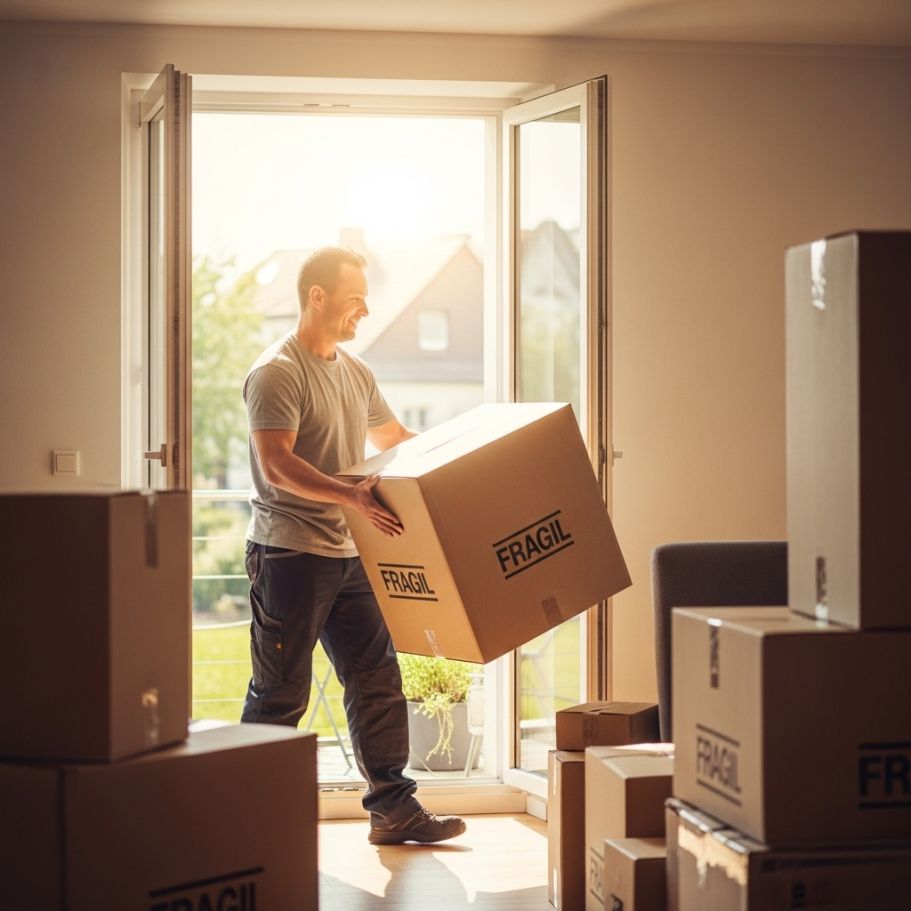 Umzug Mann trägt eine Kiste aus einem Raum ins Freie, umgeben von weiteren Kisten.