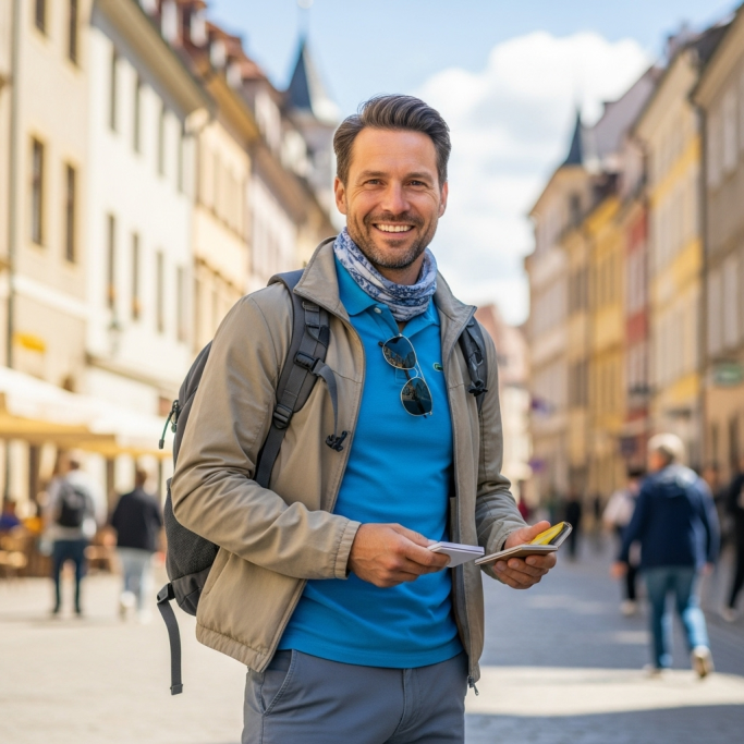 Reiseführer mit Karte steht lächelnd in einer lebhaften Straßenumgebung.