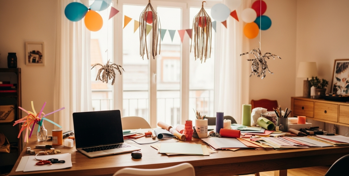 Bunte Dekorationen und Bastelmaterialien auf einem Tisch vor einem hellen Fenster.