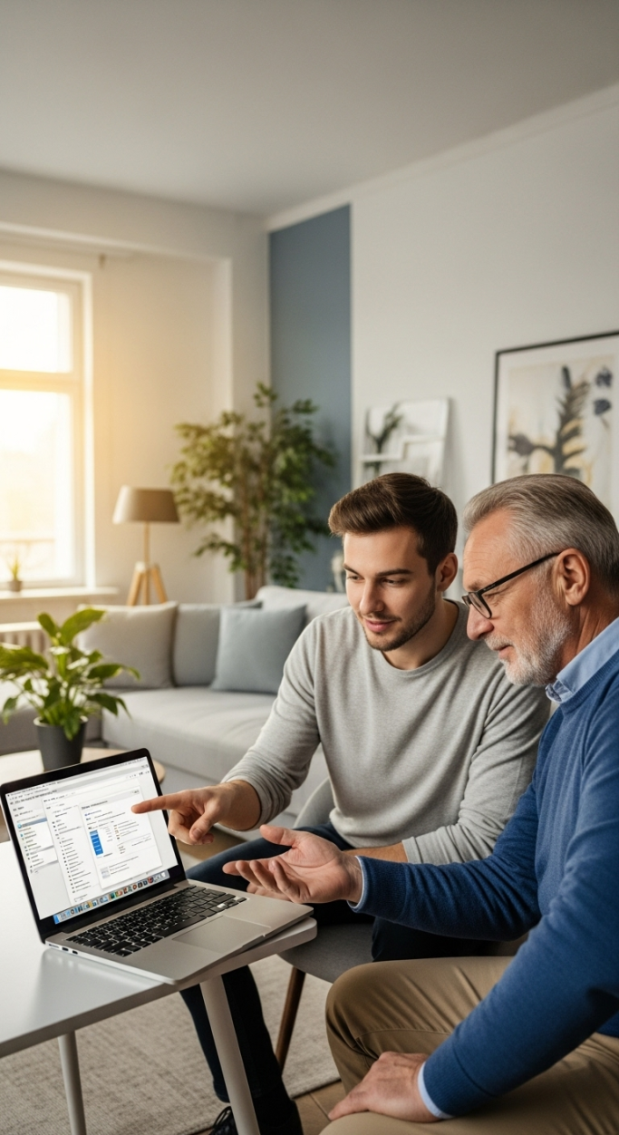 Ein junger Mann zeigt einem älteren etwas an einem Laptop in einem modernen Raum. 