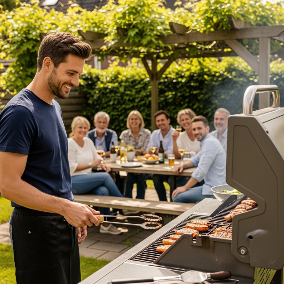 Grillmeister Ein Mann grillt Fleisch, während eine Gruppe von Freunden am Tisch feiert.