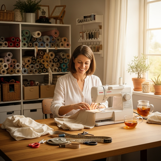 Eine Frau näht an einer Nähmaschine in einem hellen, gemütlichen Raum.