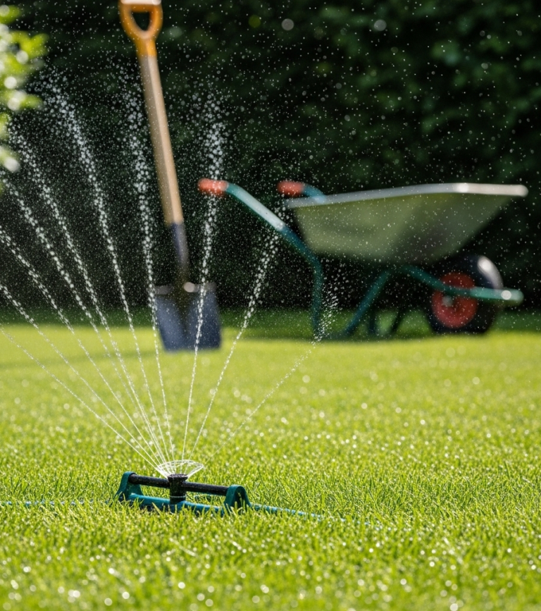 Rasenbewässerungssystem spritzt Wasser auf saftiges Gras, im Hintergrund Schaufel und Schubkarre.