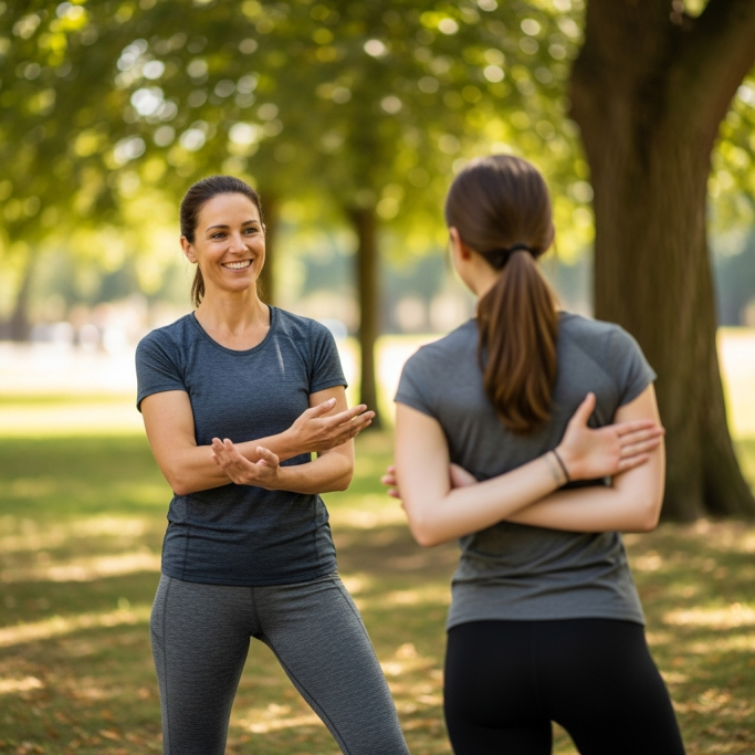 Zwei Frauen machen Yogatraining im Park unter Bäumen, lächeln und unterhalten sich.