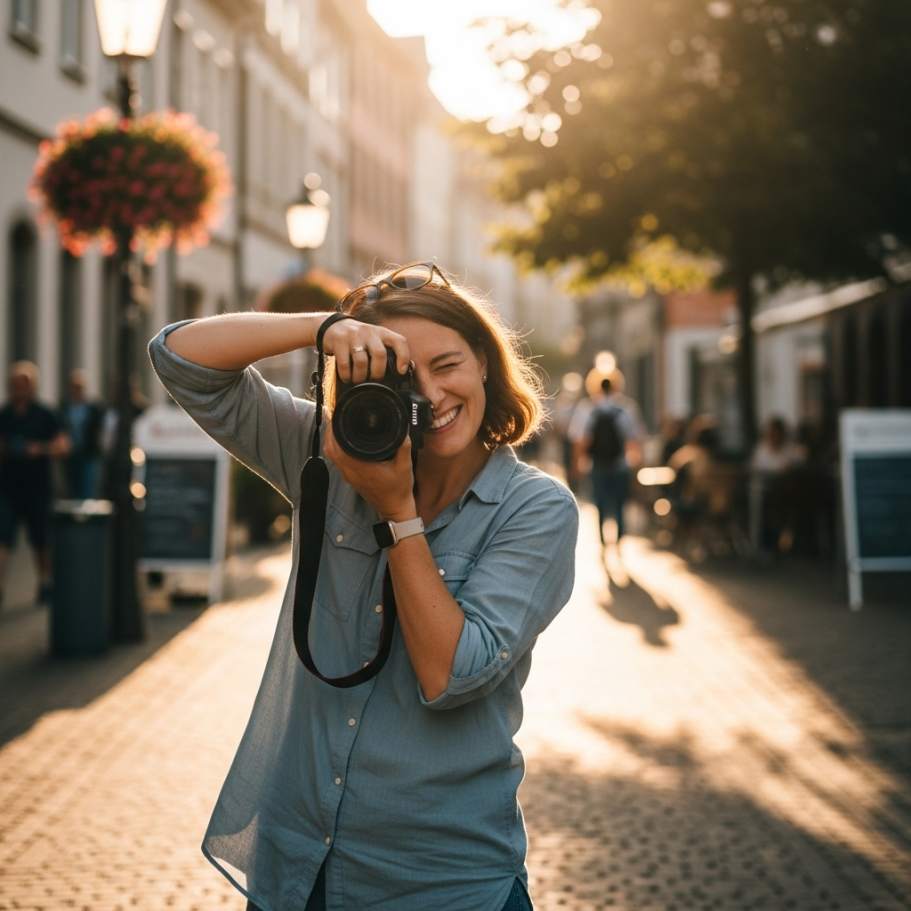 Fotografin Eine lächelnde Frau hält eine Kamera und posiert auf einer belebten Straße.