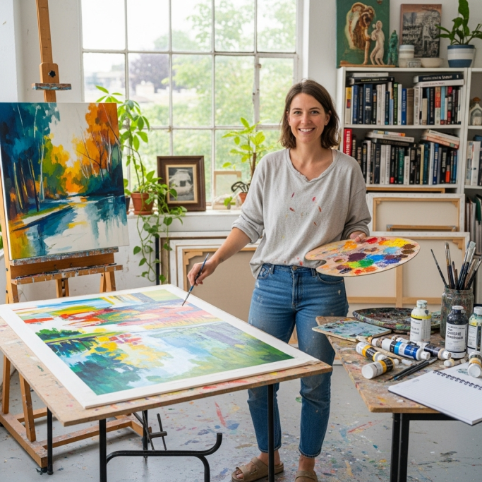 Frau in einem hellen Atelier mit Gemälde und Farbpalette während sie ein Bild zeichnet.