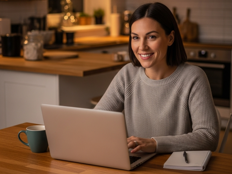 Lächelnde Frau am Schreibtisch, während sie an einem Laptop arbeitet. Tasse und Notizbuch daneben.