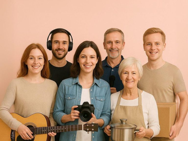 Gruppe von sechs Personen mit verschiedenen Gegenständen, lächelnd vor rosa Hintergrund.
